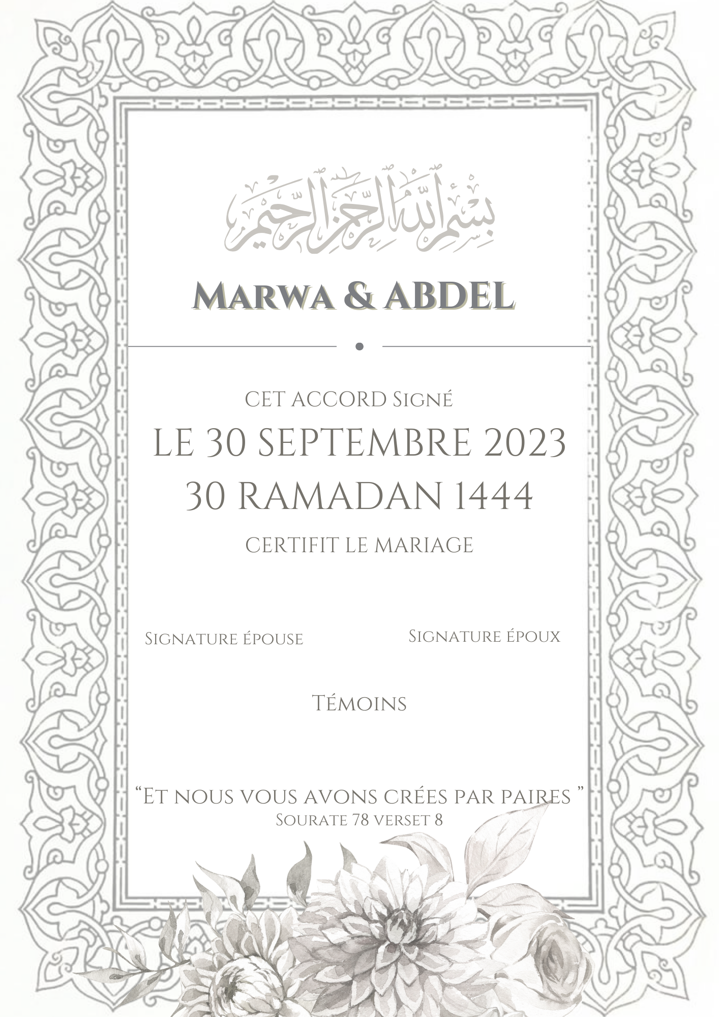 Certificat mariage ( Arabesque Argenté)
