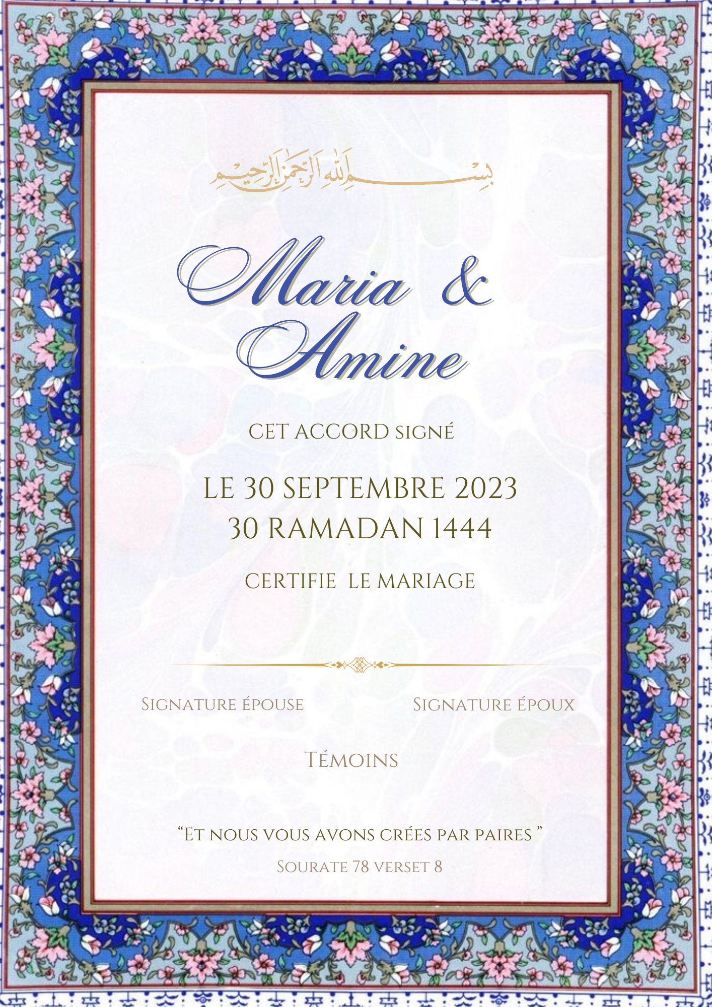 Certificat mariage ( Bleuté Script)