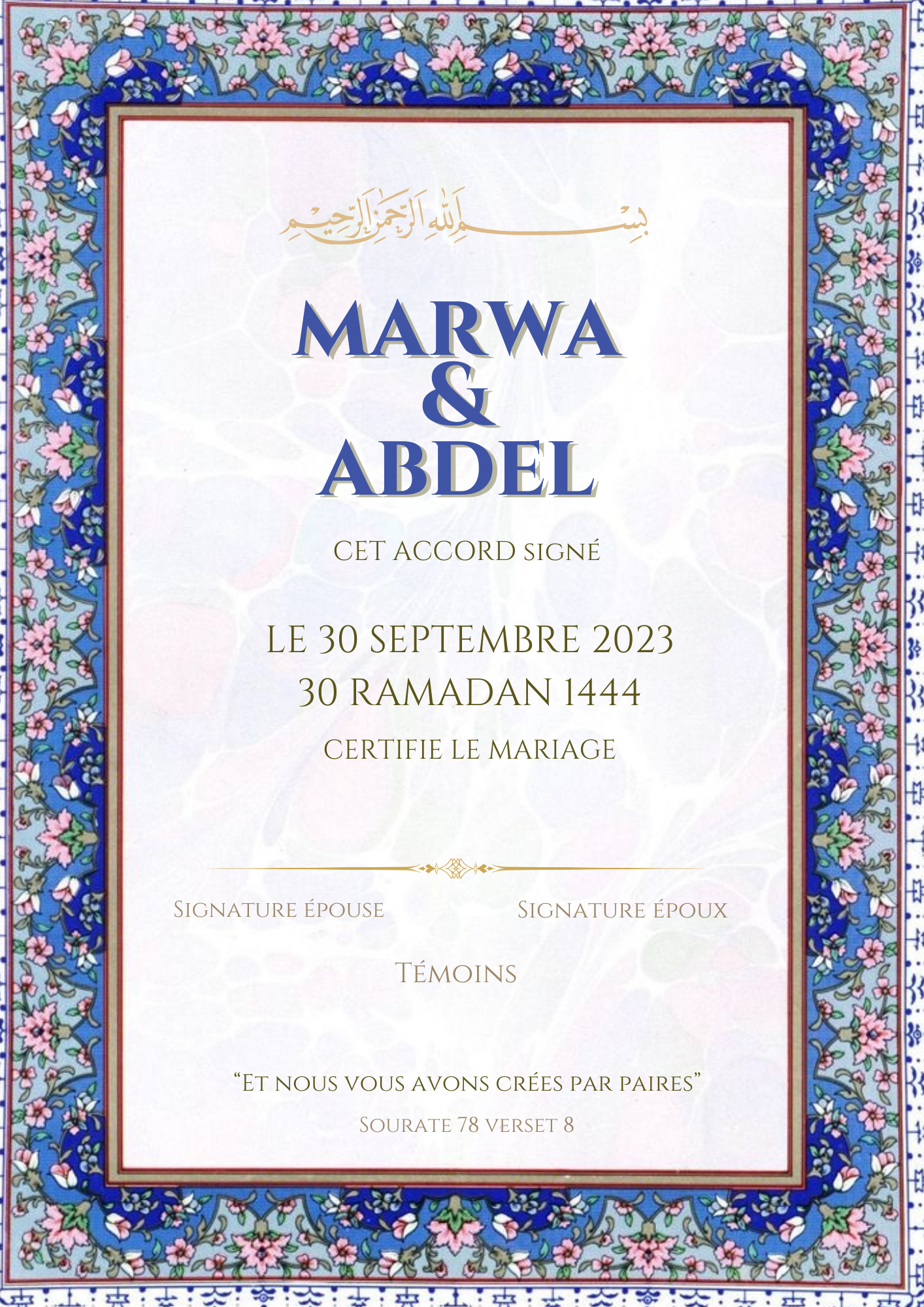 Certificat mariage ( Bleuté)