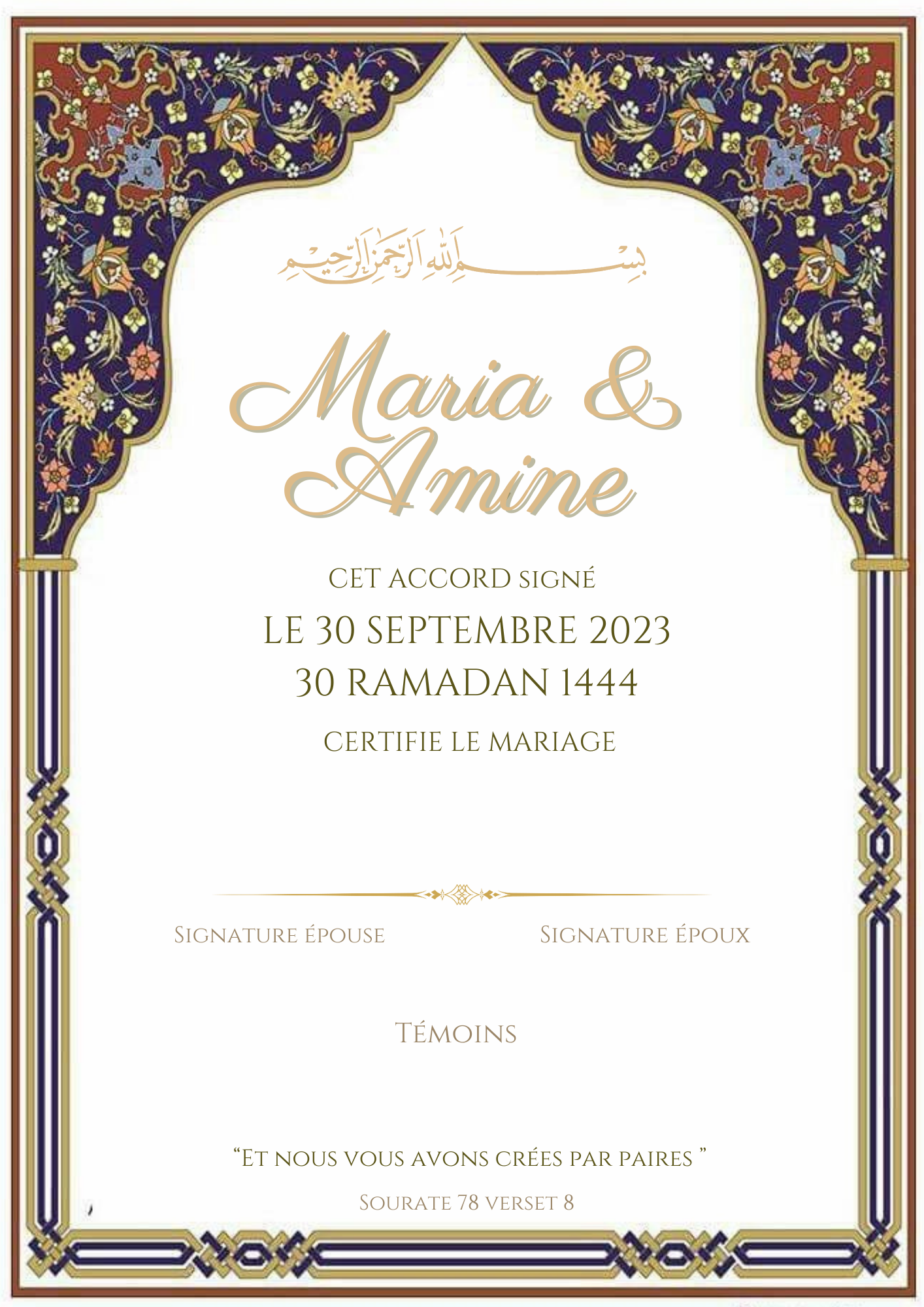 Certificat mariage ( Fleuri Parisienne)