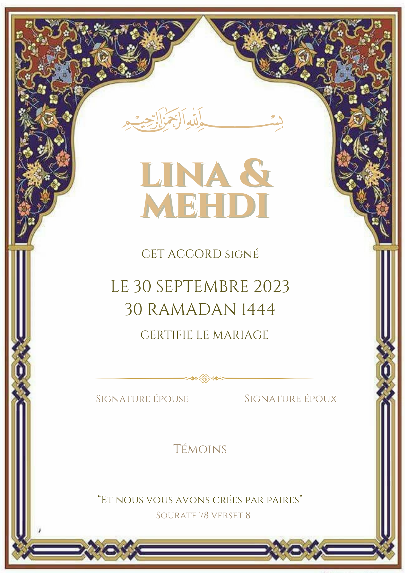Certificat mariage ( Fleuri)