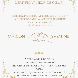 Certificat Sœur de cœur ( Doré)