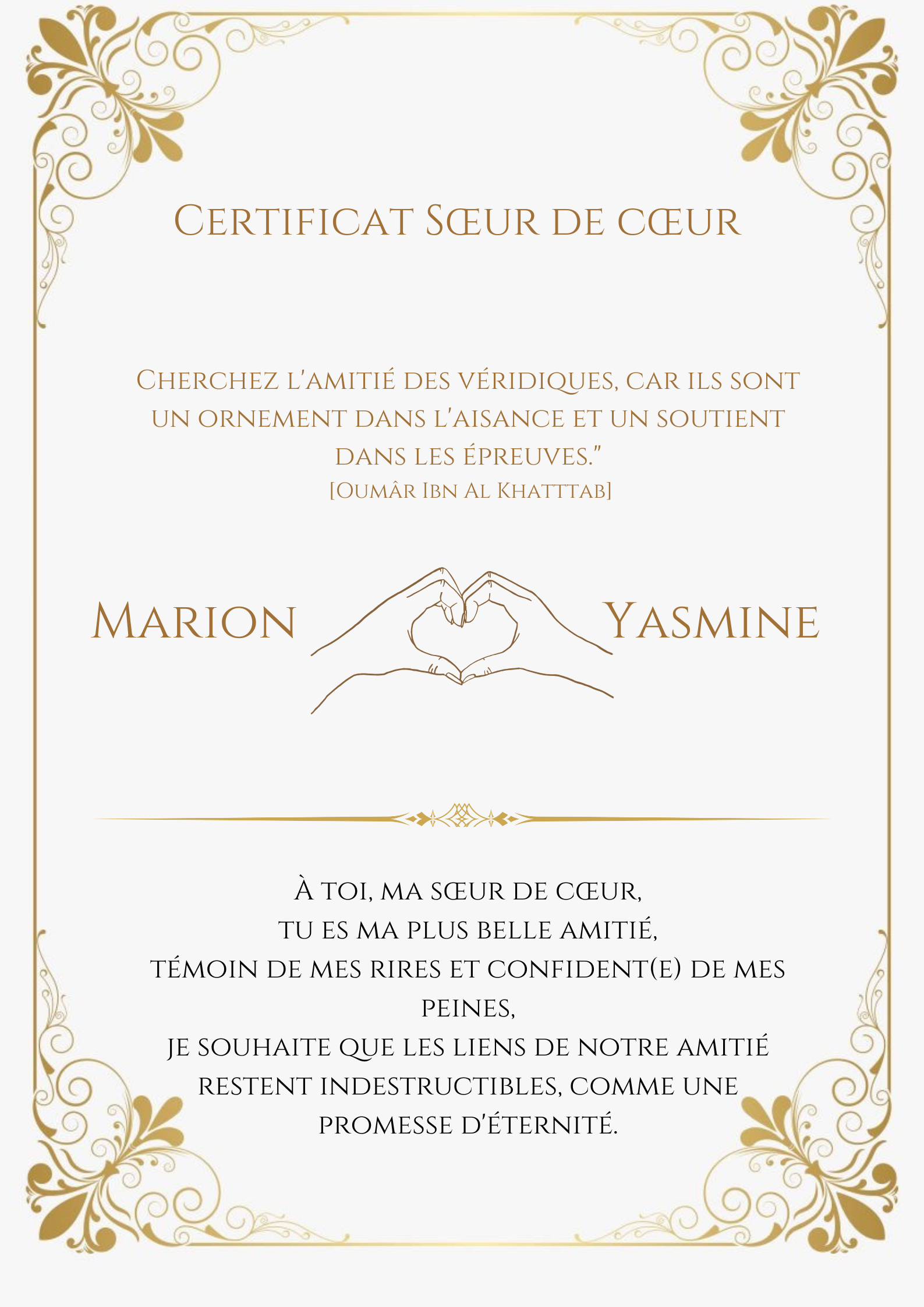 Certificat Sœur de cœur ( Doré)
