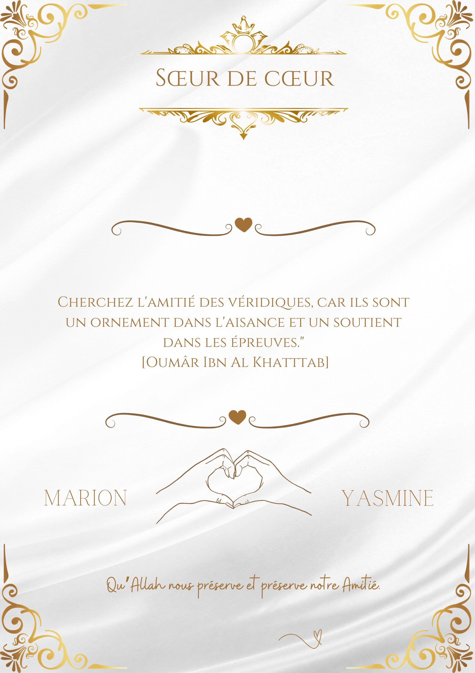 Certificat de sœur de cœur ( ornement doré)