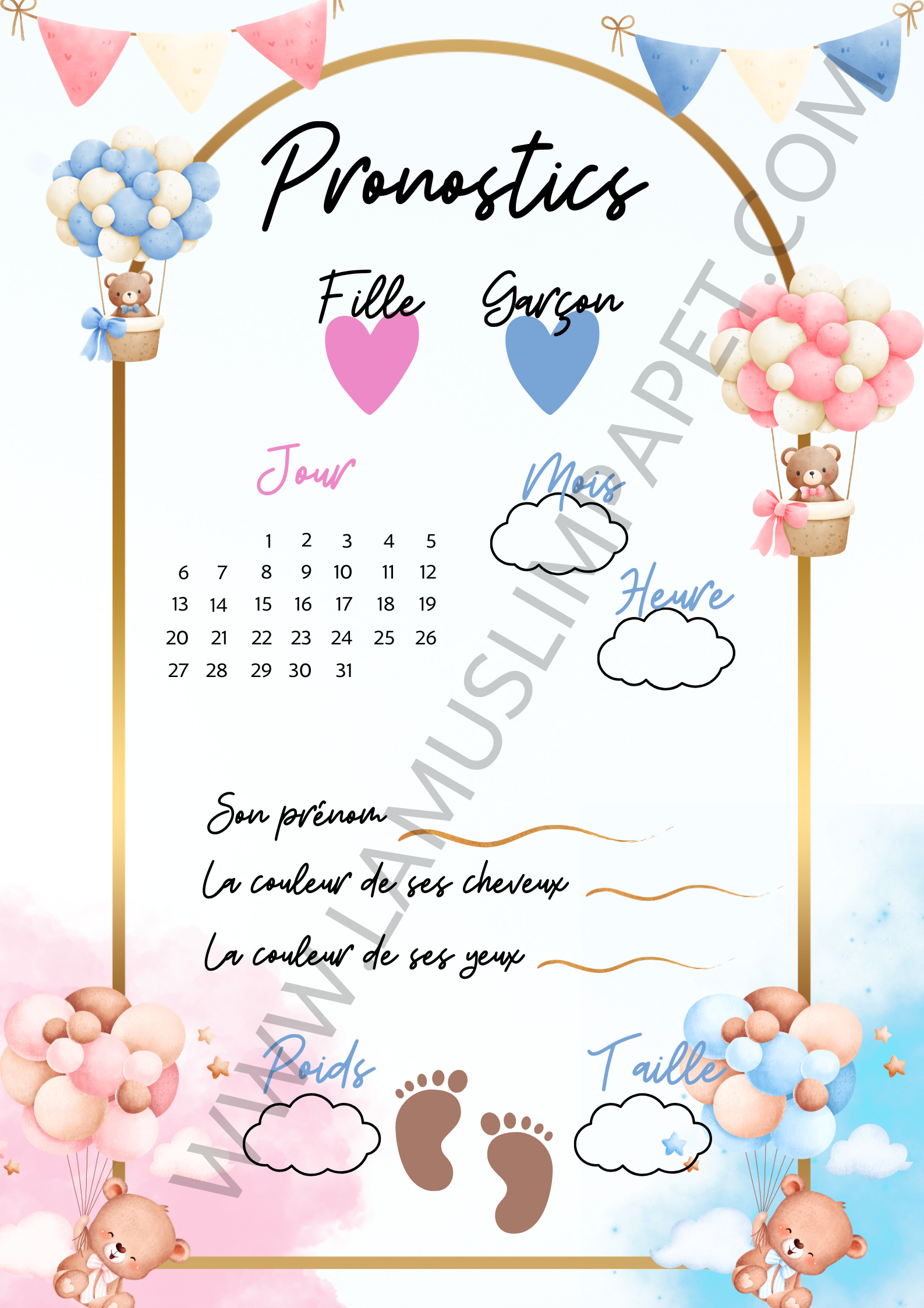 Carte pronostics naissance pour baby shower à télécharger