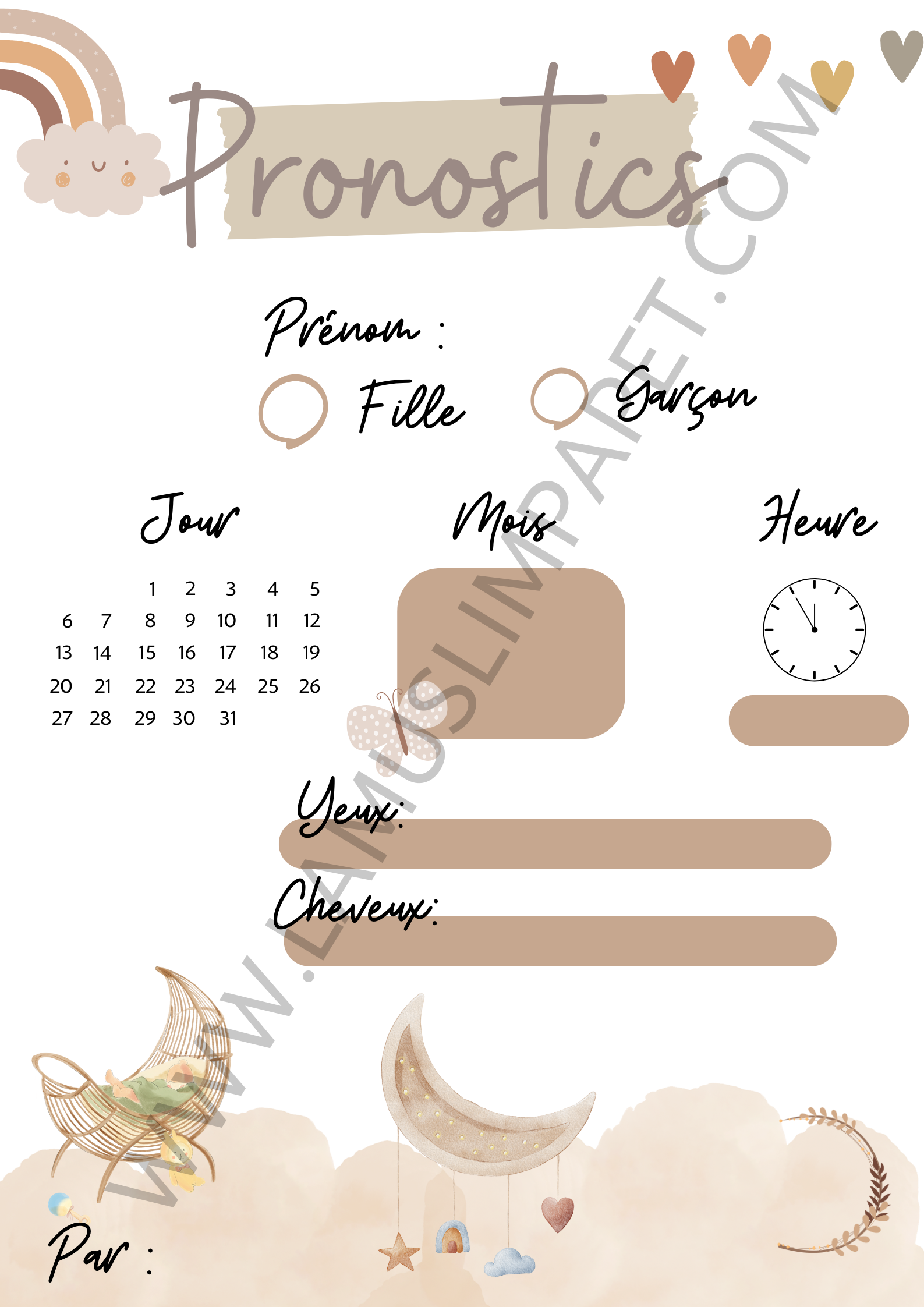 Cartes pronostics naissance modèle Lune et Arc-en-ciel | Baby Shower ( à télécharger )