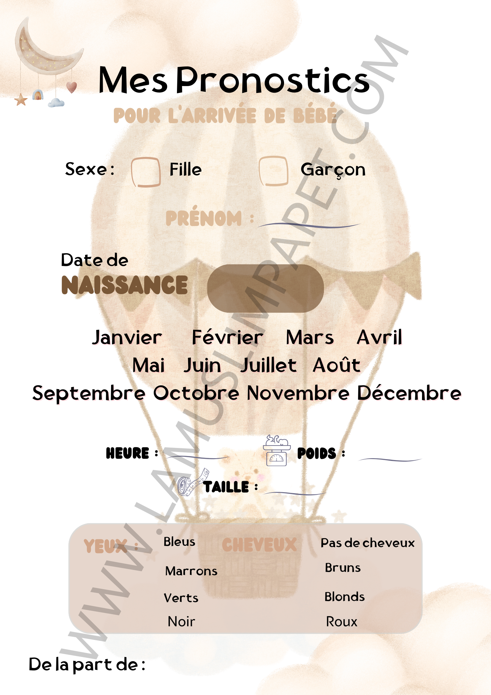 Cartes pronostics naissance modèle Montgolfière | Baby Shower ( à télécharger )
