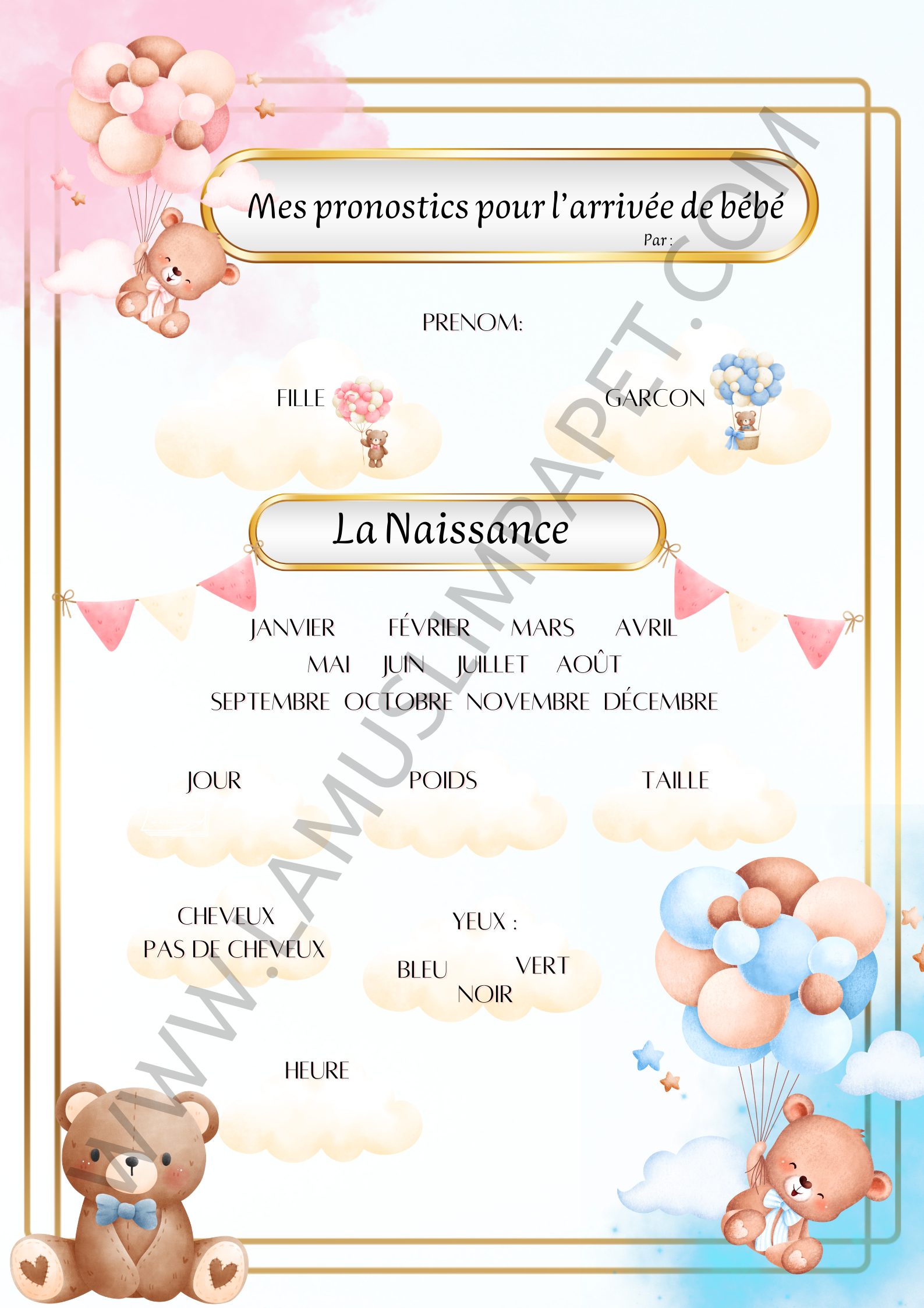Cartes pronostics naissance modèle Nuages et ballons | Baby Shower ( à télécharger )