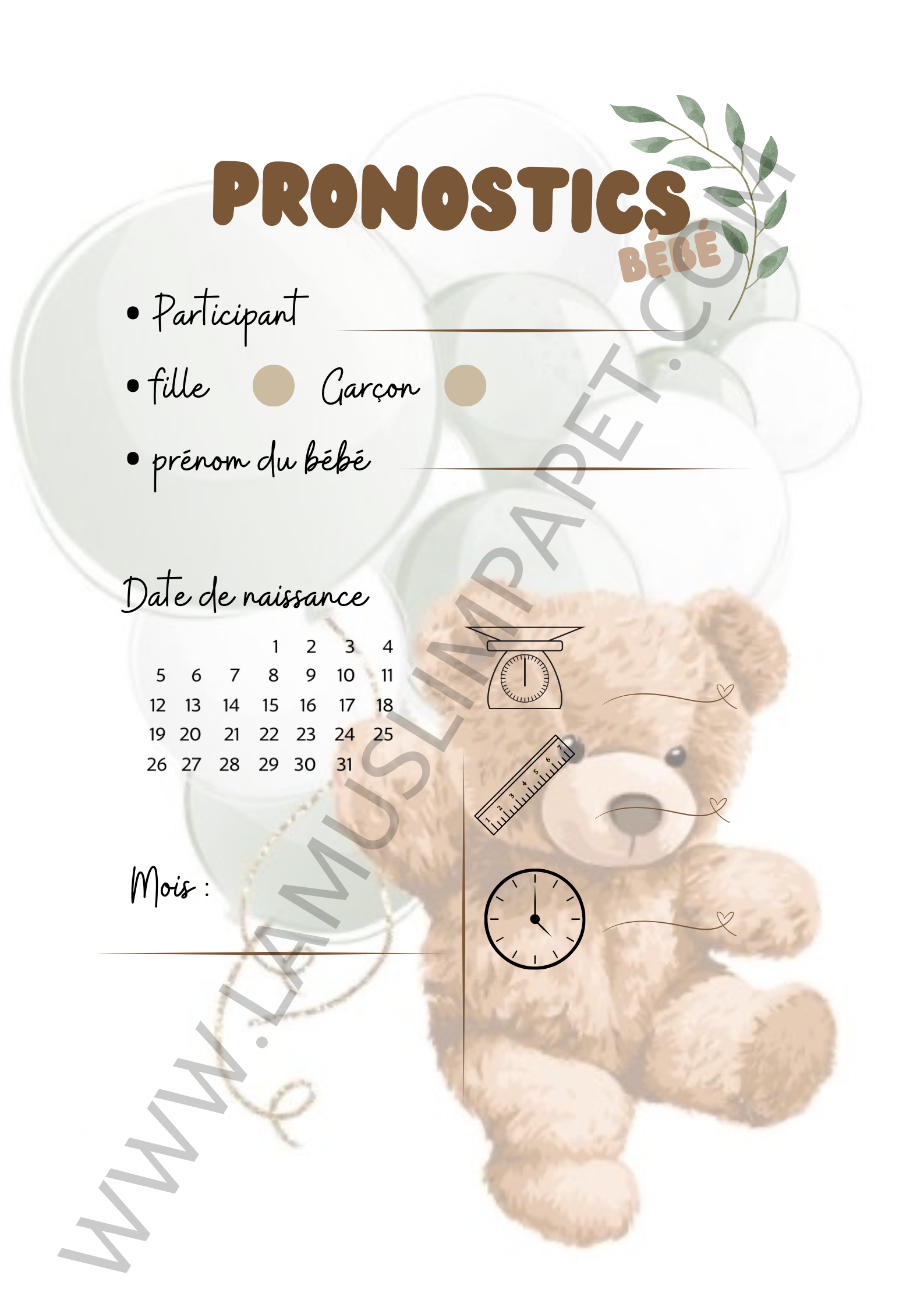 Cartes pronostics naissance modèle Ours Nature | Baby Shower ( à télécharger )