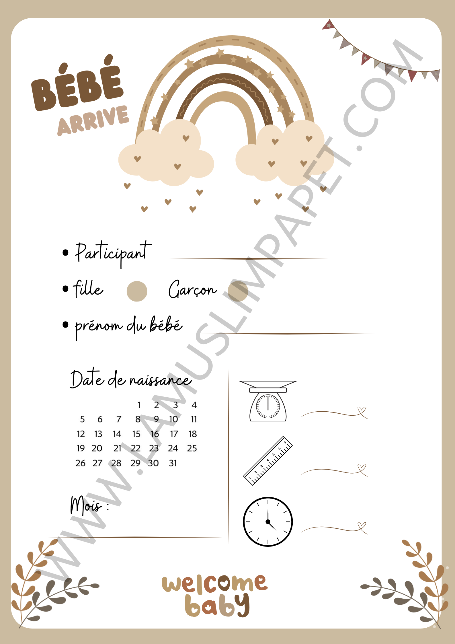 Cartes pronostics naissance modèle Welcome | Baby Shower ( à télécharger )